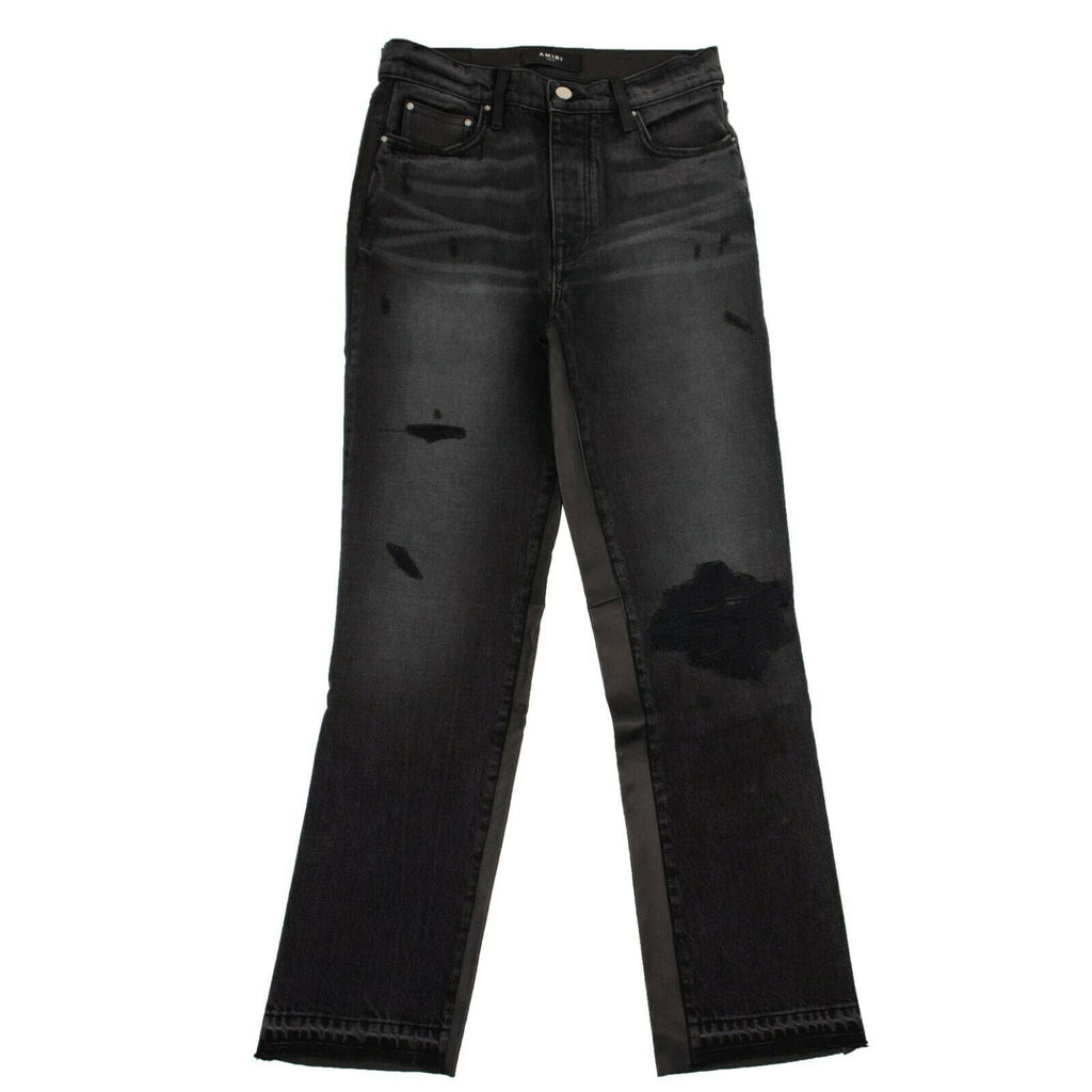 Amiri Crop Straight Lthr Denim Pants - Black