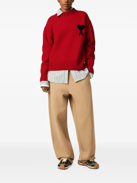 AMI Paris red crew-neck wool sweater with Ami de Coeur