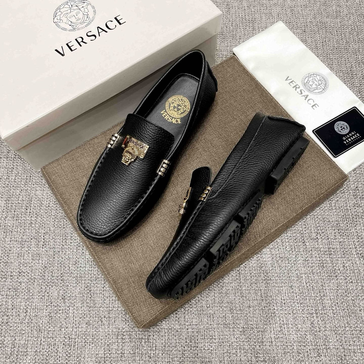 Versace Men's Black Loafers with Gold-Tone Hardware